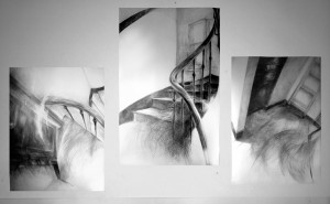 Escaliers (Triptyque), 2008. Crayon, graphite et fusain sur papier, 298 x 175 cm. Paris